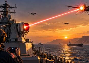 US Navy sailor operating a game-style controller as a ship-mounted laser targets a drone over the Strait of Hormuz at sunset, with commercial vessels and warships in the background.