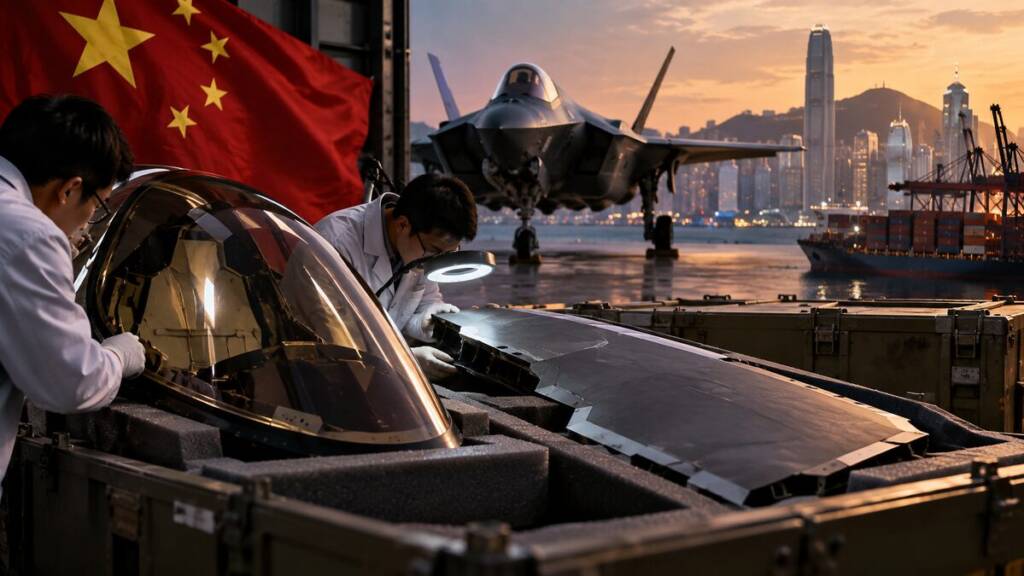 F-35 stealth fighter components being examined beside a fighter jet and shipping containers in Hong Kong, with Chinese imagery in the background, depicting concerns over sensitive aircraft technology reaching China.