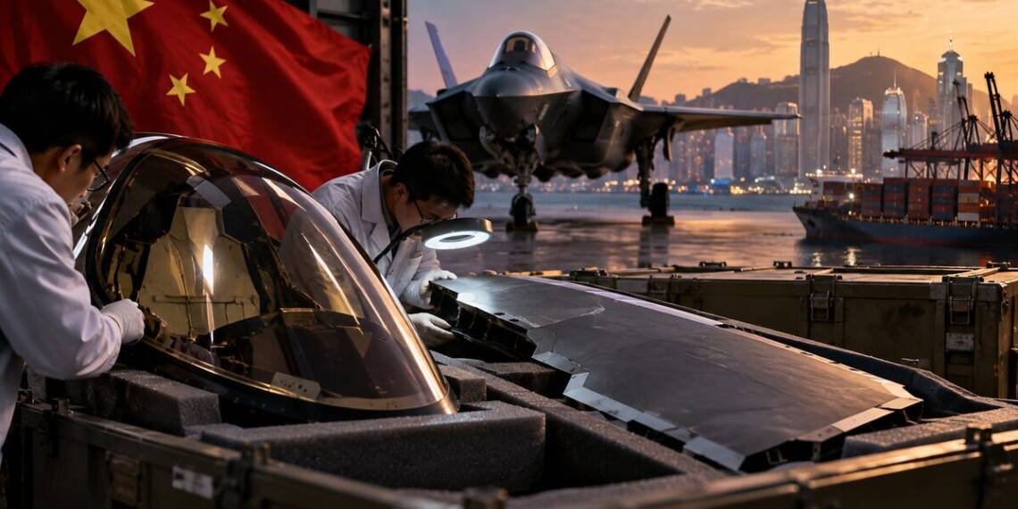 F-35 stealth fighter components being examined beside a fighter jet and shipping containers in Hong Kong, with Chinese imagery in the background, depicting concerns over sensitive aircraft technology reaching China.