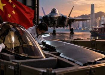 F-35 stealth fighter components being examined beside a fighter jet and shipping containers in Hong Kong, with Chinese imagery in the background, depicting concerns over sensitive aircraft technology reaching China.