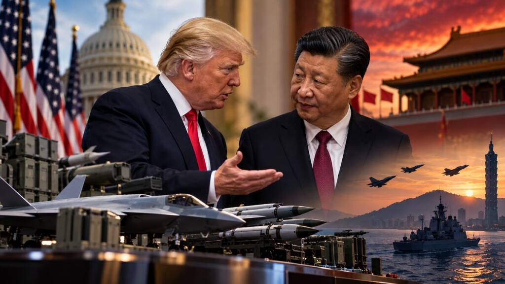 Trump and Xi Jinping in a tense diplomatic exchange, with US military weapons and Taiwan’s skyline in the background, highlighting tensions over American arms sales to Taiwan and US-China relations.