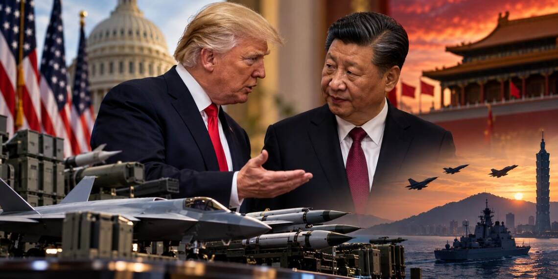 Trump and Xi Jinping in a tense diplomatic exchange, with US military weapons and Taiwan’s skyline in the background, highlighting tensions over American arms sales to Taiwan and US-China relations.