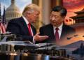 Trump and Xi Jinping in a tense diplomatic exchange, with US military weapons and Taiwan’s skyline in the background, highlighting tensions over American arms sales to Taiwan and US-China relations.