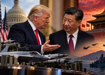 Trump and Xi Jinping in a tense diplomatic exchange, with US military weapons and Taiwan’s skyline in the background, highlighting tensions over American arms sales to Taiwan and US-China relations.