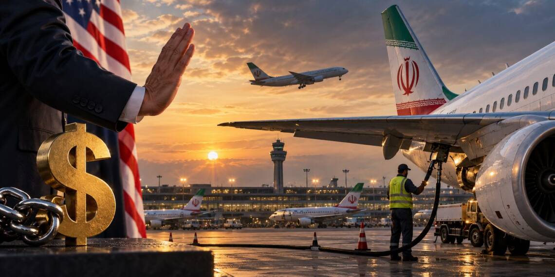 Airport apron with an Iranian passenger aircraft being refuelled, while a symbolic US dollar and American flag represent US financial pressure on Iranian aviation.