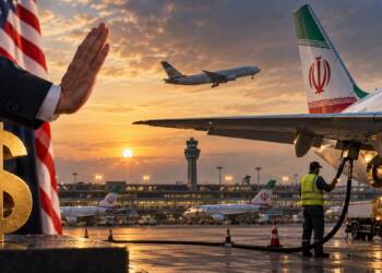 Airport apron with an Iranian passenger aircraft being refuelled, while a symbolic US dollar and American flag represent US financial pressure on Iranian aviation.