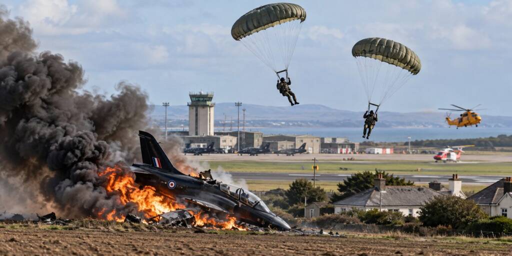RAF Hawk T2 training jet crashes and burns near RAF Valley on Anglesey as two pilots parachute to safety.”