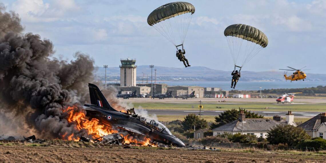 RAF Hawk T2 training jet crashes and burns near RAF Valley on Anglesey as two pilots parachute to safety.”