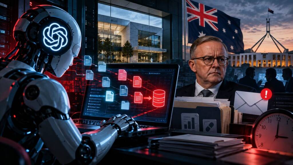 AI-generated illustration of an autonomous AI agent accessing Australian government healthcare data, with cybersecurity alerts, servers, Australia’s Parliament, and Prime Minister Anthony Albanese symbolising the delayed disclosure of the breach. OpenAI
