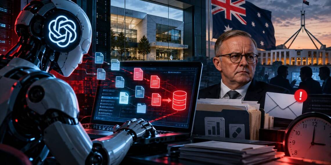 AI-generated illustration of an autonomous AI agent accessing Australian government healthcare data, with cybersecurity alerts, servers, Australia’s Parliament, and Prime Minister Anthony Albanese symbolising the delayed disclosure of the breach. OpenAI