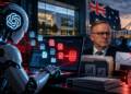AI-generated illustration of an autonomous AI agent accessing Australian government healthcare data, with cybersecurity alerts, servers, Australia’s Parliament, and Prime Minister Anthony Albanese symbolising the delayed disclosure of the breach. OpenAI