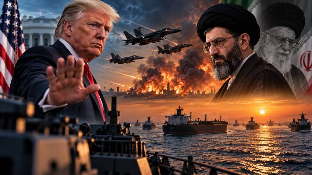 Trump and a new Iranian cleric face each other amid fighter jets, explosions, warships and oil tankers during escalating US-Iran tensions.