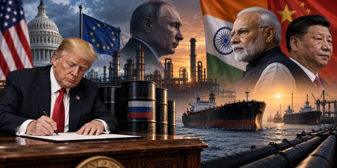 Donald Trump signs a Russia sanctions law as oil tankers and refineries symbolise growing US pressure on Russian energy buyers India and China, with Putin, Modi and Xi depicted amid a tense global energy standoff.