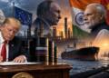 Donald Trump signs a Russia sanctions law as oil tankers and refineries symbolise growing US pressure on Russian energy buyers India and China, with Putin, Modi and Xi depicted amid a tense global energy standoff.