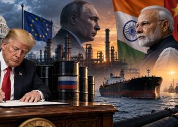 Donald Trump signs a Russia sanctions law as oil tankers and refineries symbolise growing US pressure on Russian energy buyers India and China, with Putin, Modi and Xi depicted amid a tense global energy standoff.