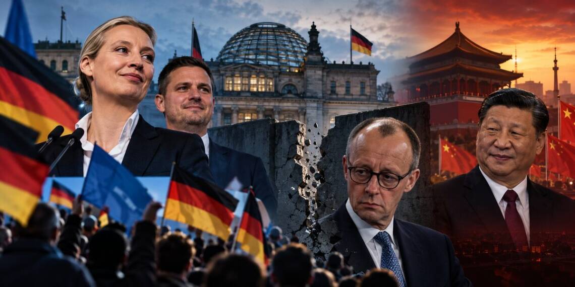 A dramatic political montage showing Germany’s AFD rise, with Alice Weidel and German political figures in front of the Reichstag, a fractured barrier symbolising Germany’s political firewall, and Xi Jinping against a Beijing backdrop.
