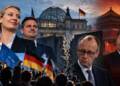 A dramatic political montage showing Germany’s AFD rise, with Alice Weidel and German political figures in front of the Reichstag, a fractured barrier symbolising Germany’s political firewall, and Xi Jinping against a Beijing backdrop.