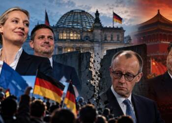 A dramatic political montage showing Germany’s AFD rise, with Alice Weidel and German political figures in front of the Reichstag, a fractured barrier symbolising Germany’s political firewall, and Xi Jinping against a Beijing backdrop.