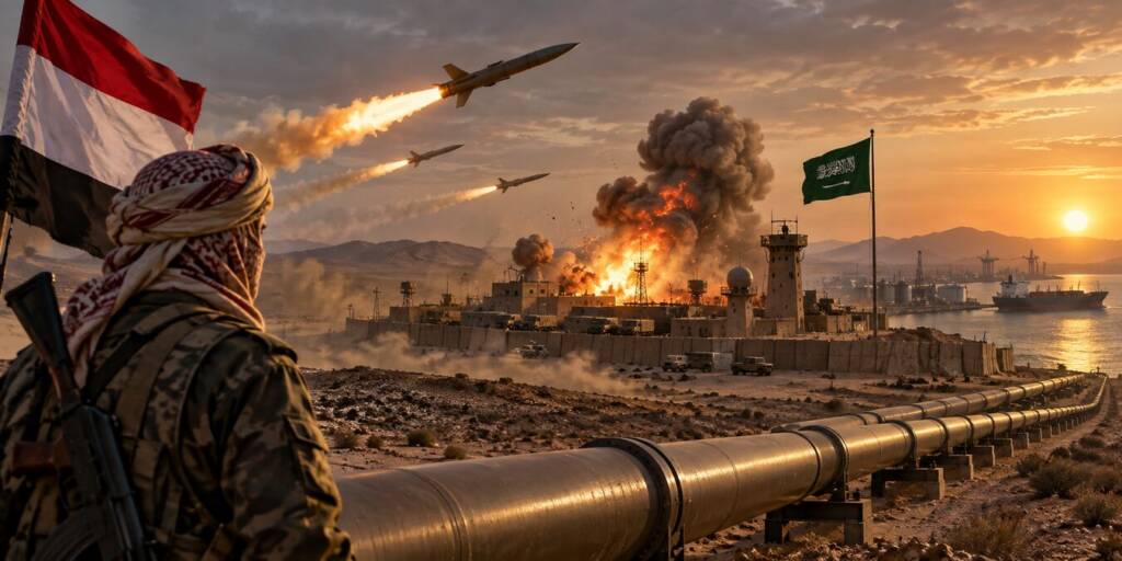 A Houthi fighter watches a missile strike near a Saudi military and oil facility in a desert landscape, with smoke and flames rising behind a Saudi flag and an oil pipeline stretching toward a port in the distance.