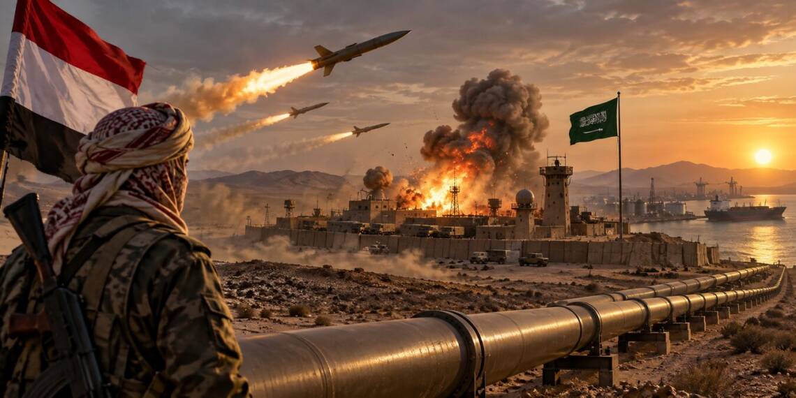 A Houthi fighter watches a missile strike near a Saudi military and oil facility in a desert landscape, with smoke and flames rising behind a Saudi flag and an oil pipeline stretching toward a port in the distance.
