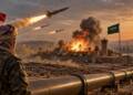 A Houthi fighter watches a missile strike near a Saudi military and oil facility in a desert landscape, with smoke and flames rising behind a Saudi flag and an oil pipeline stretching toward a port in the distance.