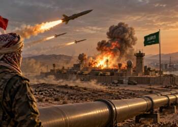A Houthi fighter watches a missile strike near a Saudi military and oil facility in a desert landscape, with smoke and flames rising behind a Saudi flag and an oil pipeline stretching toward a port in the distance.