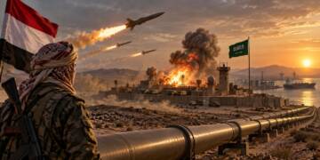 A Houthi fighter watches a missile strike near a Saudi military and oil facility in a desert landscape, with smoke and flames rising behind a Saudi flag and an oil pipeline stretching toward a port in the distance.