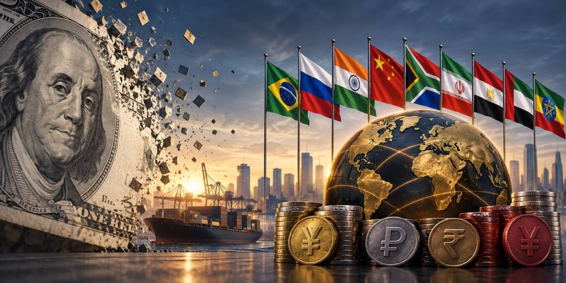 A US dollar bill breaking apart beside BRICS flags, a glowing globe, cargo ship and stacks of currencies, symbolising de-dollarisation and the shift toward a multipolar financial system.