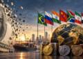 A US dollar bill breaking apart beside BRICS flags, a glowing globe, cargo ship and stacks of currencies, symbolising de-dollarisation and the shift toward a multipolar financial system.