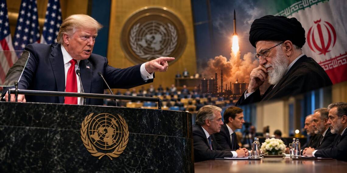 Donald Trump addresses the UN General Assembly as Iran faces mounting military pressure, with Iranian leadership, missile imagery and tense US-Iran negotiations depicted in the background.