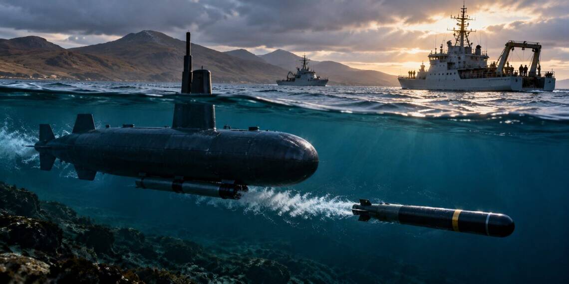 An unmanned submarine launches a heavyweight torpedo underwater off the Scottish coast, with naval vessels and rugged mountains visible above the surface.