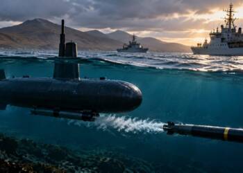 An unmanned submarine launches a heavyweight torpedo underwater off the Scottish coast, with naval vessels and rugged mountains visible above the surface.