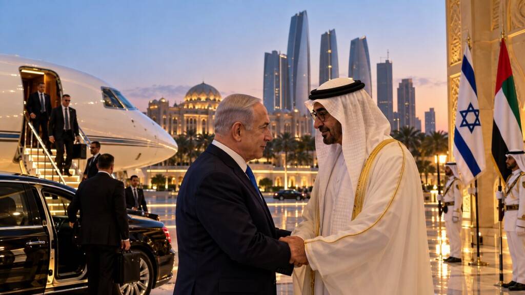 Israeli Prime Minister Benjamin Netanyahu meets UAE President Sheikh Mohamed bin Zayed in Abu Dhabi, with a private jet, security officials and Israeli and UAE flags visible in the background.