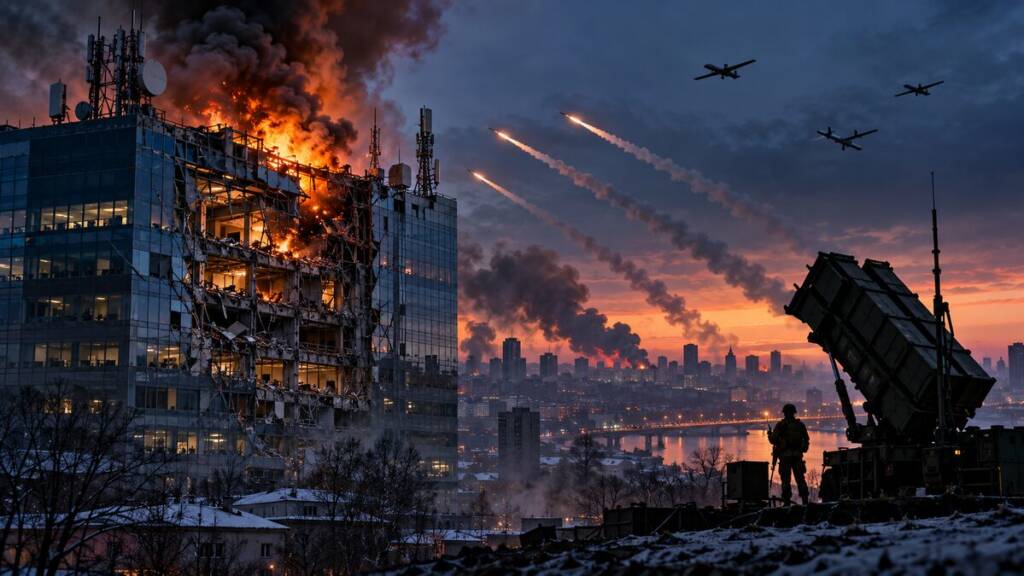 Burning communications headquarters in Kyiv, Ukraine under a missile and drone attack, with an air-defence launcher overlooking the city amid smoke and winter darkness.