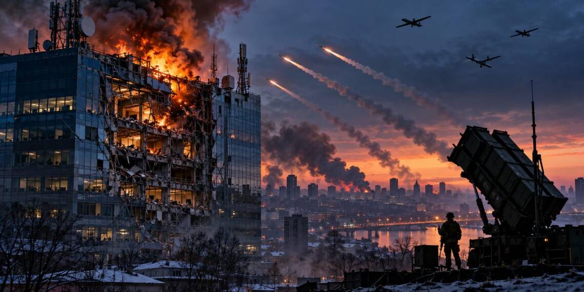 Burning communications headquarters in Kyiv, Ukraine under a missile and drone attack, with an air-defence launcher overlooking the city amid smoke and winter darkness.