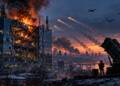 Burning communications headquarters in Kyiv, Ukraine under a missile and drone attack, with an air-defence launcher overlooking the city amid smoke and winter darkness.
