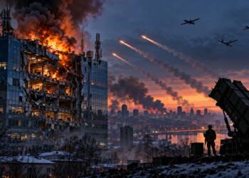 Burning communications headquarters in Kyiv, Ukraine under a missile and drone attack, with an air-defence launcher overlooking the city amid smoke and winter darkness.