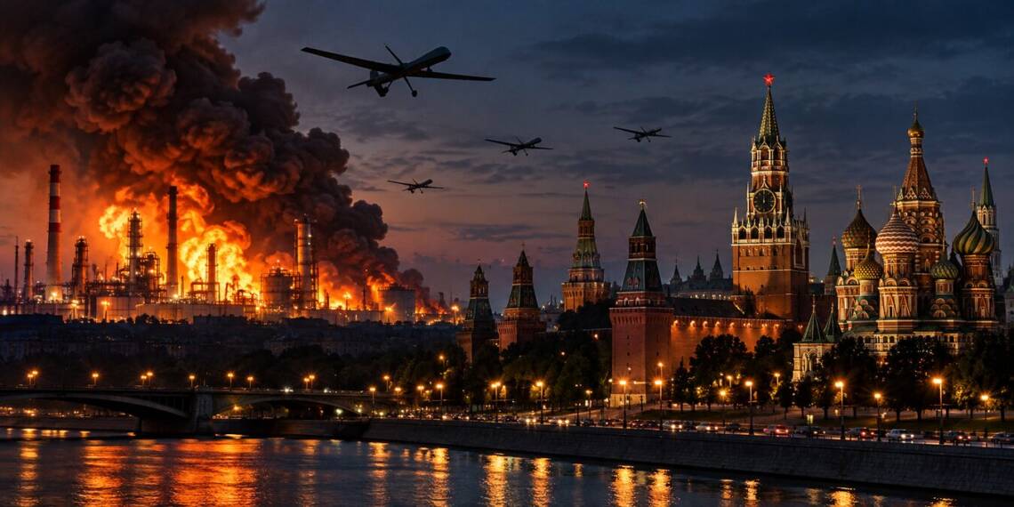 Moscow skyline at dusk on election day with the Kremlin and St Basil’s Cathedral illuminated as a nearby oil refinery burns intensely, sending thick smoke into the sky while drones fly overhead.