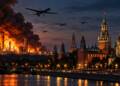 Moscow skyline at dusk on election day with the Kremlin and St Basil’s Cathedral illuminated as a nearby oil refinery burns intensely, sending thick smoke into the sky while drones fly overhead.