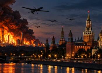 Moscow skyline at dusk on election day with the Kremlin and St Basil’s Cathedral illuminated as a nearby oil refinery burns intensely, sending thick smoke into the sky while drones fly overhead.