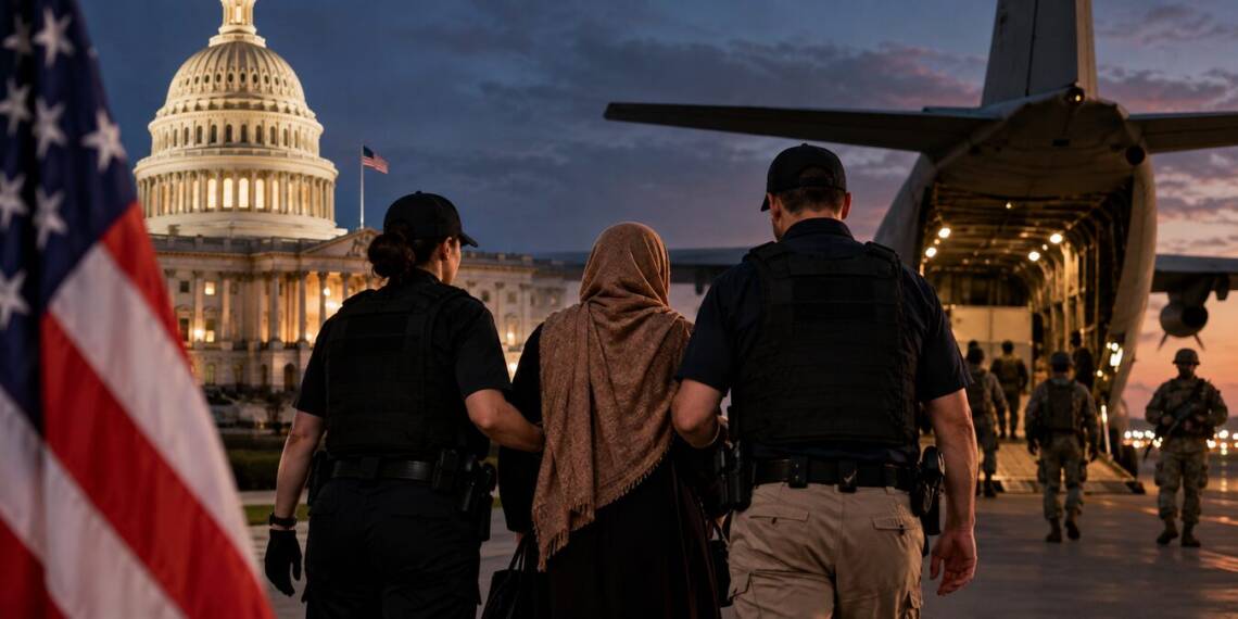 Afghan woman escorted by U.S. immigration officers toward a military transport aircraft at dusk, with the U.S. Capitol and American flag in the background, symbolizing deportation and national security.”