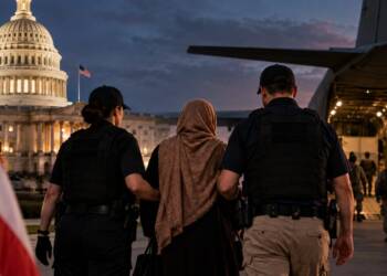 Afghan woman escorted by U.S. immigration officers toward a military transport aircraft at dusk, with the U.S. Capitol and American flag in the background, symbolizing deportation and national security.”