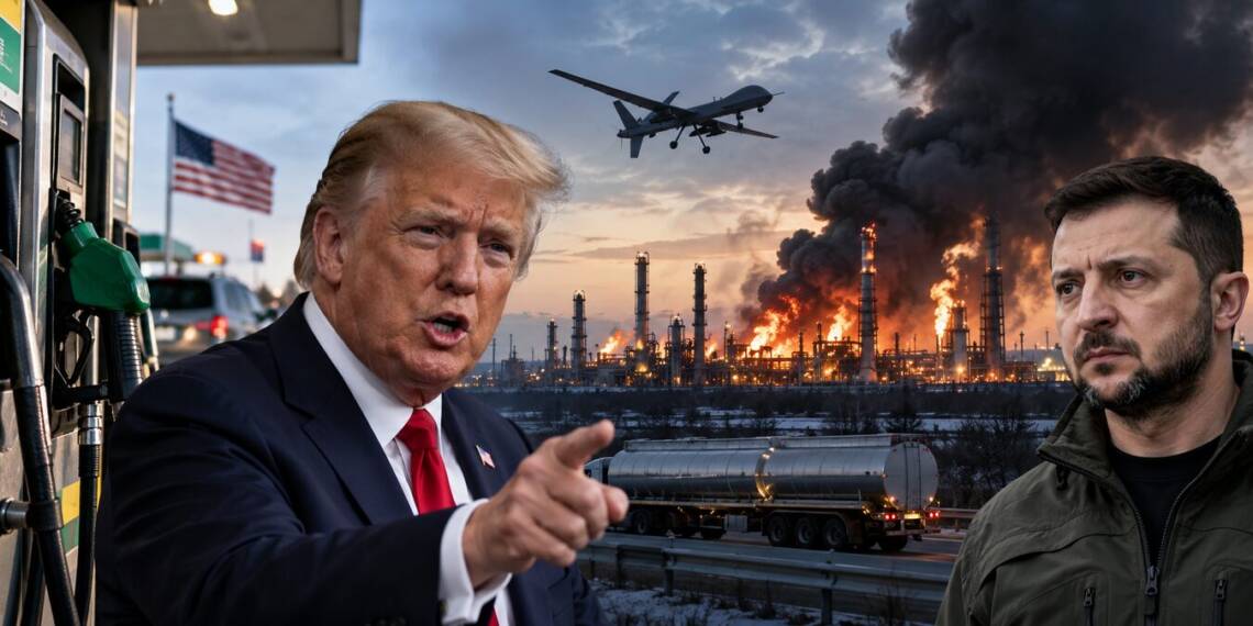 Donald Trump points beside a US fuel pump, while Volodymyr Zelenskyy stands opposite a burning diesel oil refinery with a drone overhead, symbolising the dispute over Ukrainian strikes on Russian refineries and the global diesel shortage