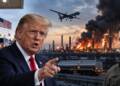 Donald Trump points beside a US fuel pump, while Volodymyr Zelenskyy stands opposite a burning diesel oil refinery with a drone overhead, symbolising the dispute over Ukrainian strikes on Russian refineries and the global diesel shortage