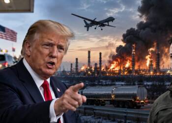 Donald Trump points beside a US fuel pump, while Volodymyr Zelenskyy stands opposite a burning diesel oil refinery with a drone overhead, symbolising the dispute over Ukrainian strikes on Russian refineries and the global diesel shortage