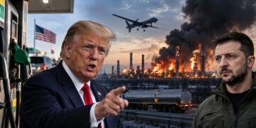 Donald Trump points beside a US fuel pump, while Volodymyr Zelenskyy stands opposite a burning diesel oil refinery with a drone overhead, symbolising the dispute over Ukrainian strikes on Russian refineries and the global diesel shortage