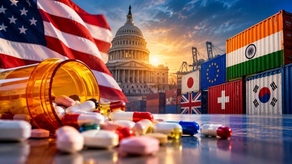 U.S. Capitol and American flag behind a prescription pill bottle and medicines, with international shipping containers representing India and other trading partners, illustrating pharmaceutical tariffs and global drug trade.