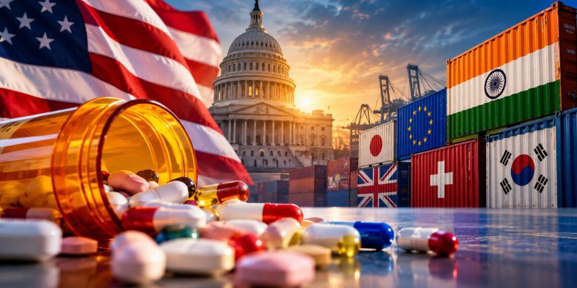 U.S. Capitol and American flag behind a prescription pill bottle and medicines, with international shipping containers representing India and other trading partners, illustrating pharmaceutical tariffs and global drug trade.
