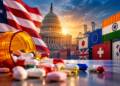 U.S. Capitol and American flag behind a prescription pill bottle and medicines, with international shipping containers representing India and other trading partners, illustrating pharmaceutical tariffs and global drug trade.