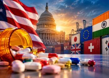 U.S. Capitol and American flag behind a prescription pill bottle and medicines, with international shipping containers representing India and other trading partners, illustrating pharmaceutical tariffs and global drug trade.